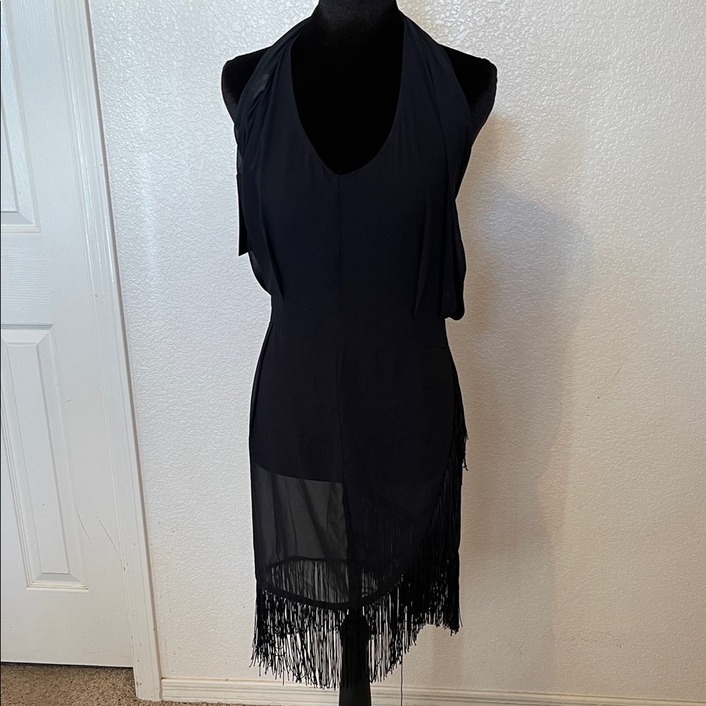 PrettyLittleThing Black Halter Fringe Dress